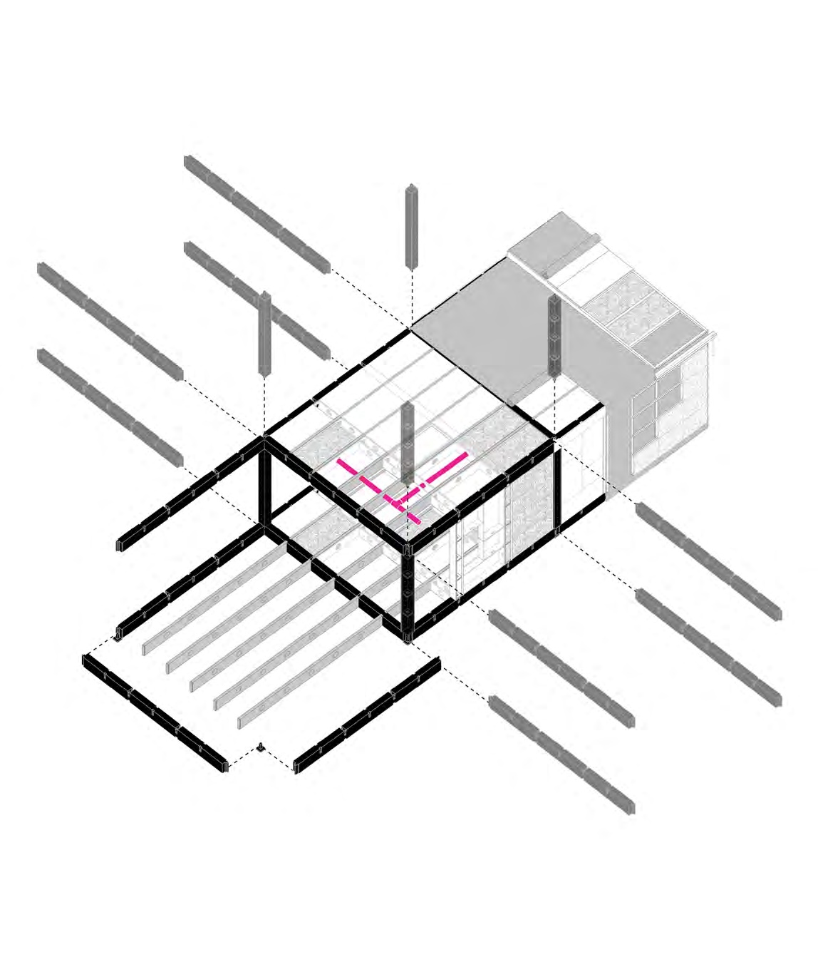 Exploded axonometric drawing of a temporary housing module