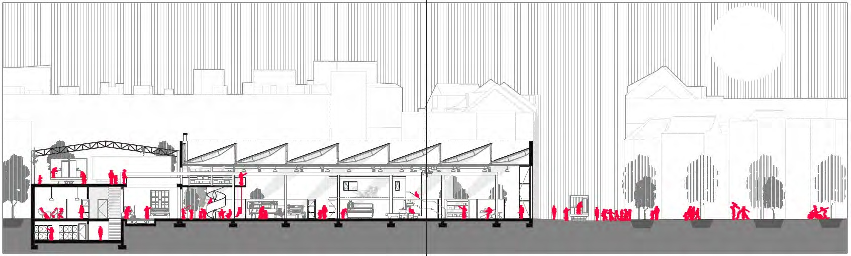 Longitudinal section through Architecture Factory 5.0 by Mahdi Ghotbi