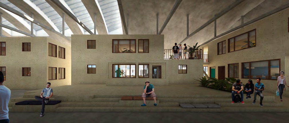 WoonBox housing units and collective space within a reused building