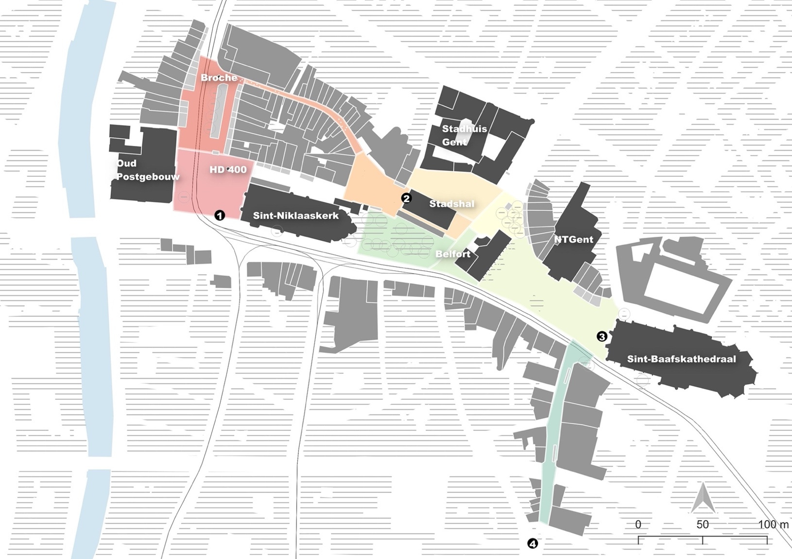 Görsev Argın Uz’s map of the Ghent walking experiment, showing public spaces, landmarks and viewpoints.
