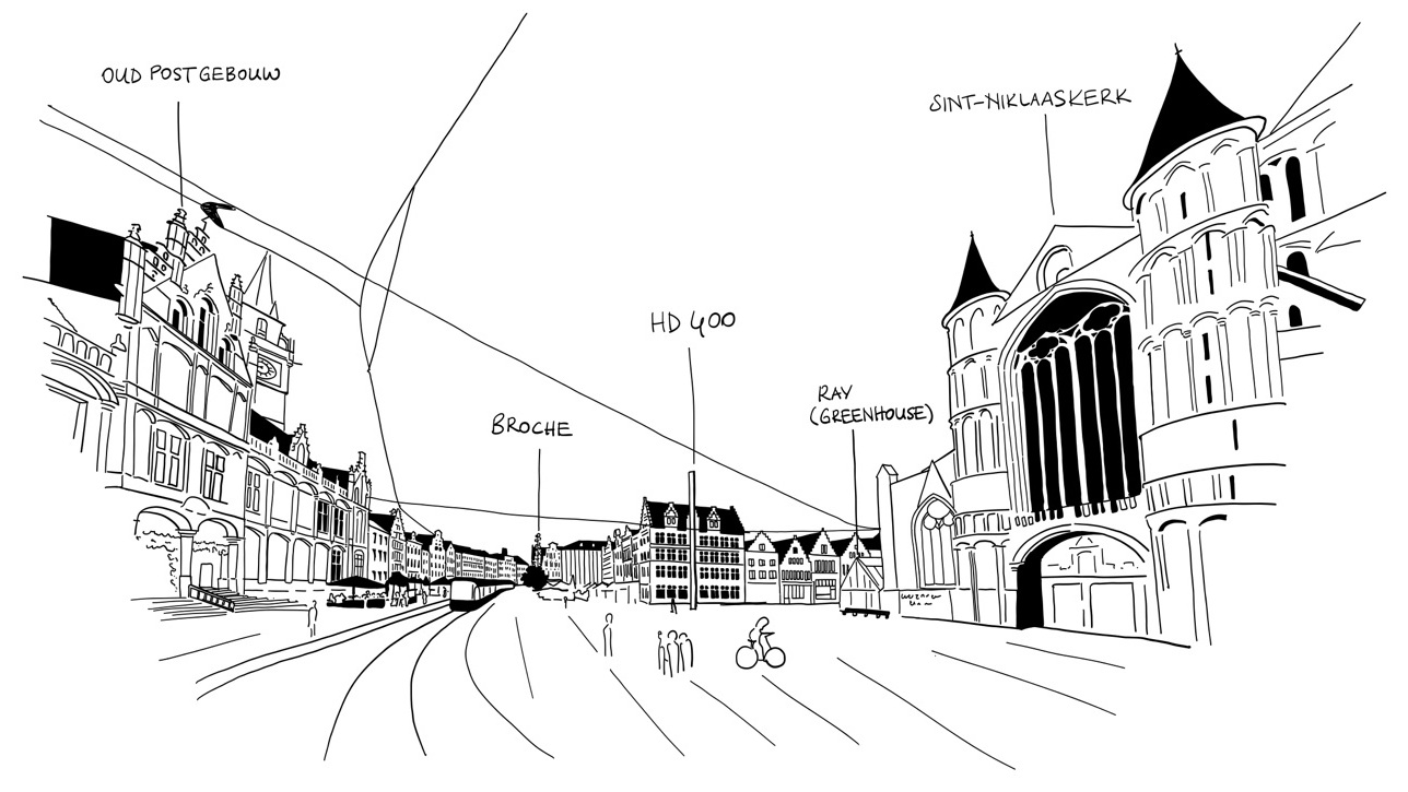 Perspective drawing of Korenmarkt in Ghent, with the old post office and Saint Nicholas’ Church labelled.