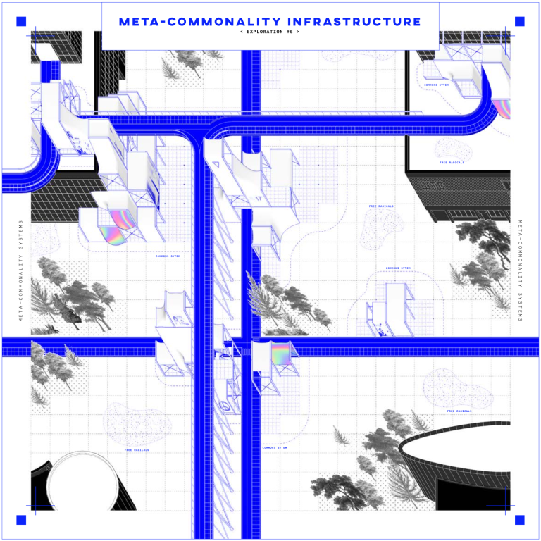 Blue architectural drawing of elevated shared infrastructure connecting buildings