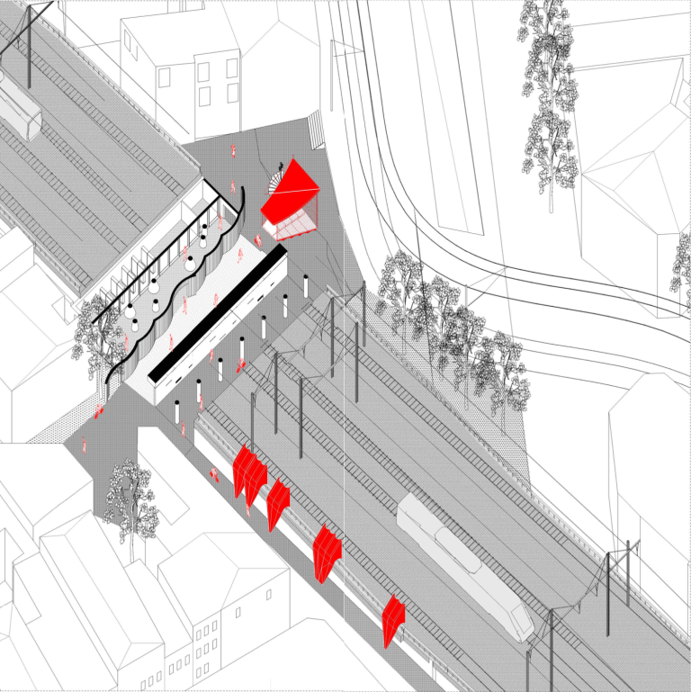 Axonometric railway landscape drawing with red acoustic interventions